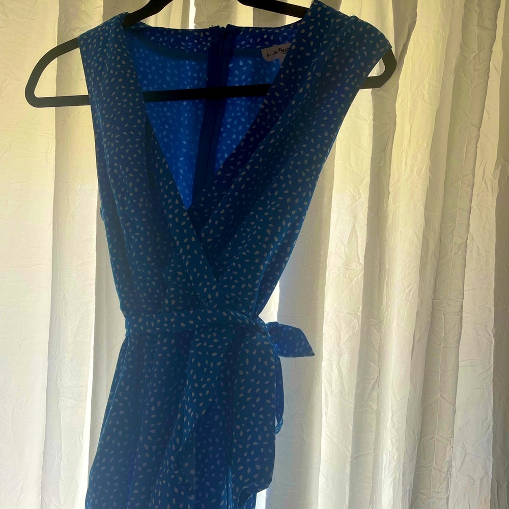 Blue and white La Sol wrap midi dress, size small